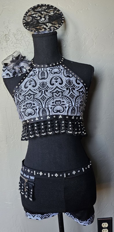 UNBRANDED Dance Costume Black Rhinestones 2XS XS 2Pc Set Bikini Shorts