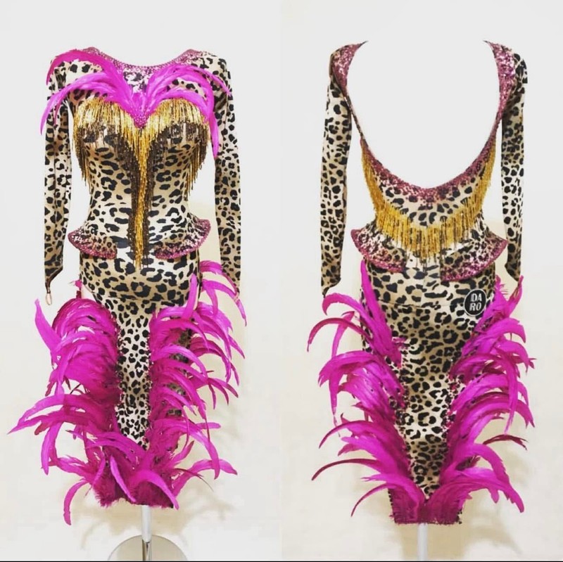 DA RO ballroom dance dress leopard print pink feathers gold fringe