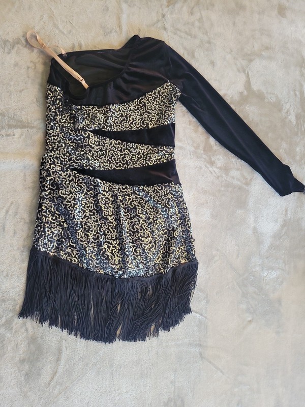 Women's Small Dance Costume One Shoulder Bling Fringe USA Made Black Silver gallery