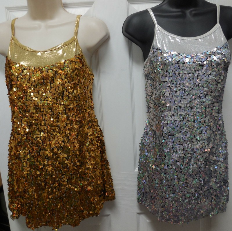 SEQUIN DRESS Complete leotard under dress Gold or Silver Dance Costume over 20