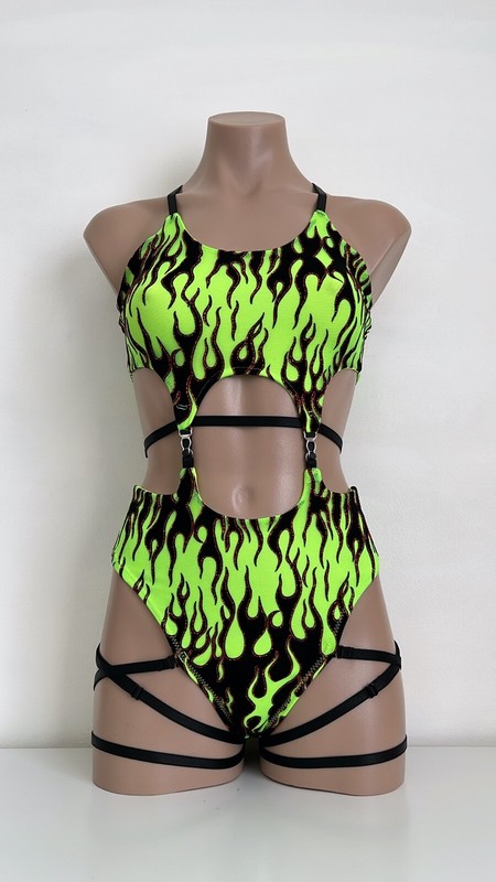 Schminke 🔥 Fire flames Baby Evils mesh dance set Pole wear high leg neon UV gallery