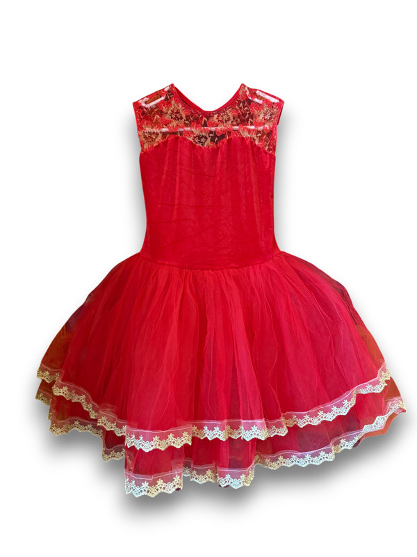 Revolution Dance Costume Red Velvet Gold Lace Embroidery 5-Layer Tutu Child XL