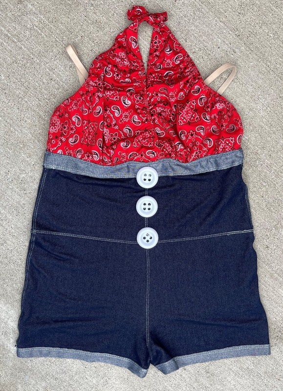 Girls Revolution Dancewear 1 Piece Outfit Red Bandana Halter Denim Shorts~2XL