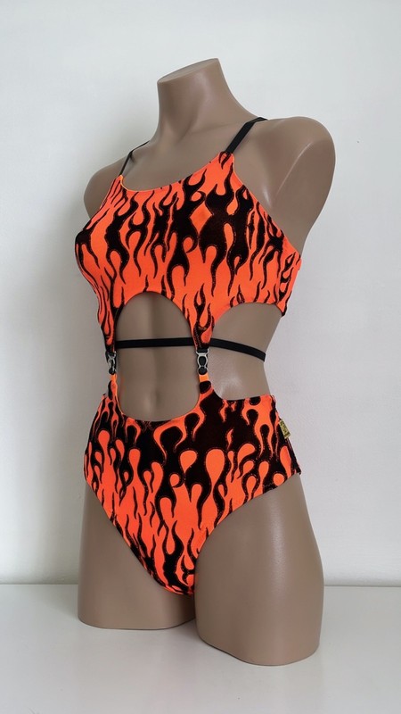 Schminke 🔥 Fire flames Baby Evils mesh dance set Pole wear high leg neon UV gallery