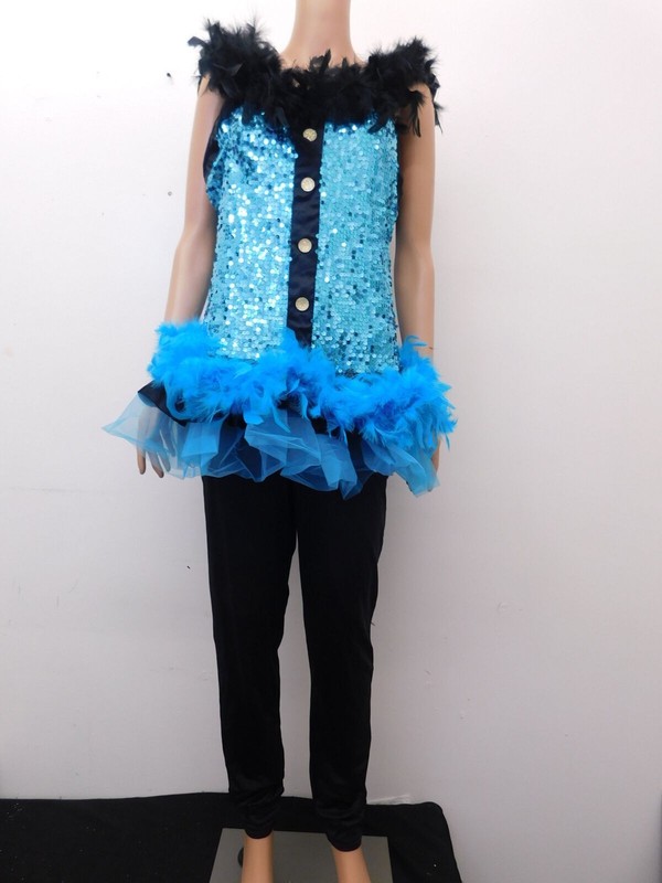 Dance Costume XL Adult Blue Weissman 8805 Jazz Tap Sequin Feather Unitard