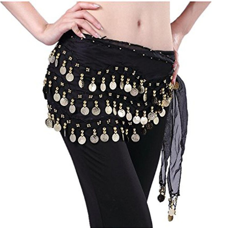 Women Belly Dance Costumes Hip Scarf Wrap Belt Skirt Gold/Silver Coins Beads US gallery