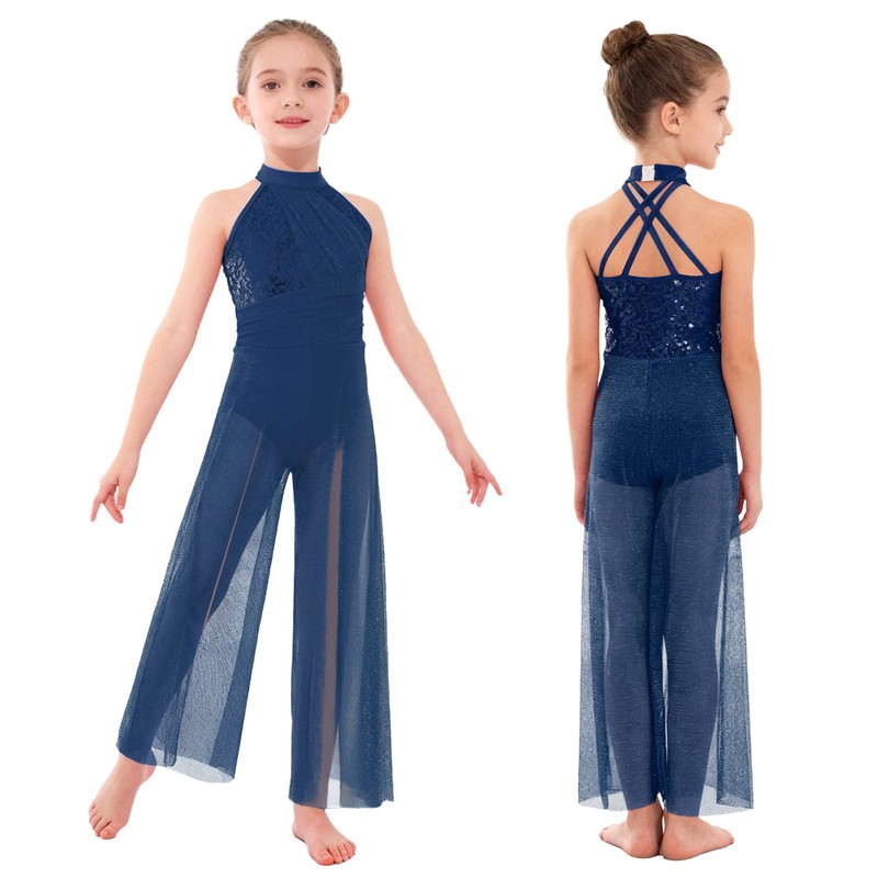 Kid Girls Sequin Jazz Lyrical Dance Jumpsuit Mesh Split Wide Leg Romper Bodysuit