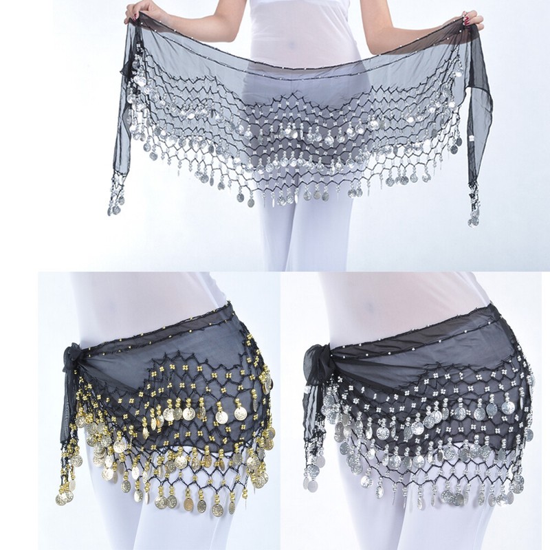Womens Belly Dance Hip Skirt Scarf Wrap Belt Hipscarf Gold/Silver Coins US FAST