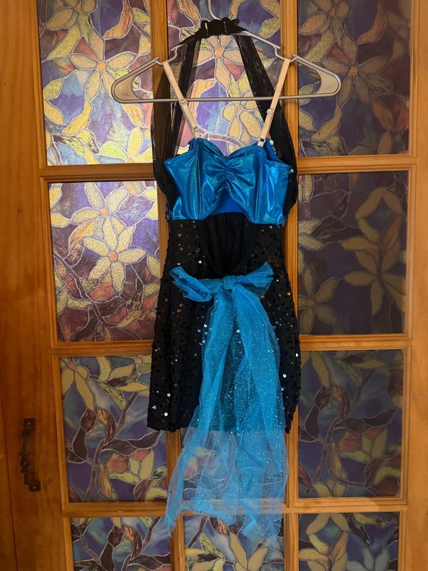 Costume Gallery 14625 Tap Costume Halter Biketard Black Sequin Blue Child Large gallery