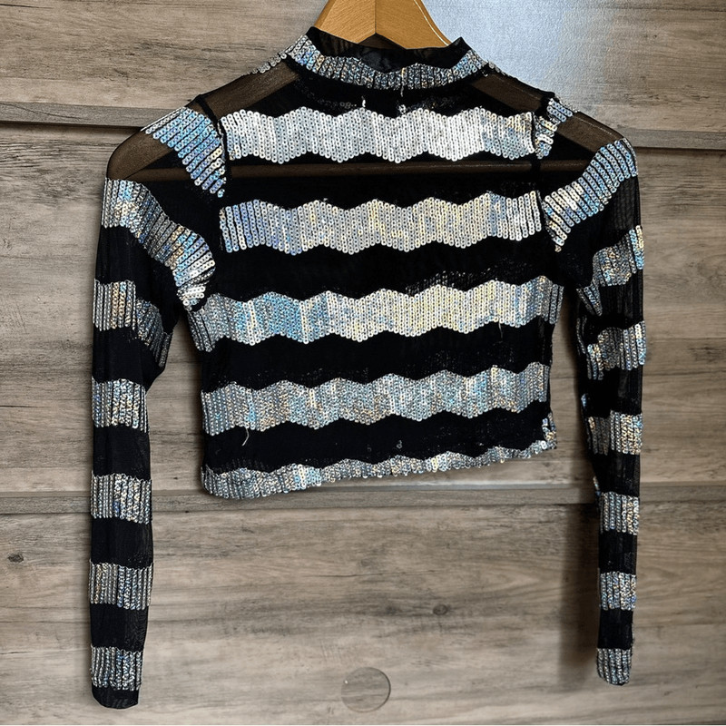 Gia-Mia Silver Iridescent Sequins Chevron Black Mesh long sleeve Dance top G313