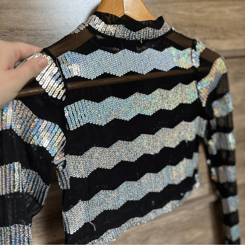 Gia-Mia Silver Iridescent Sequins Chevron Black Mesh long sleeve Dance top G313 gallery