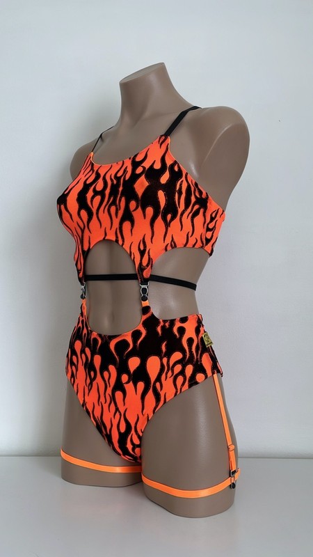 Schminke 🔥 Fire flames Baby Evils mesh dance set Pole wear high leg neon UV gallery