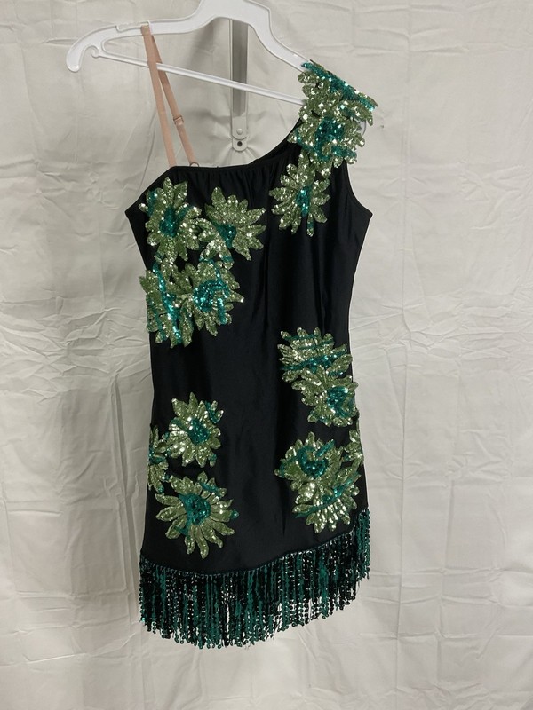 Art Stone Competitor “Sassy” Black & Green Sequin w/Fringe and Clip – Brand New