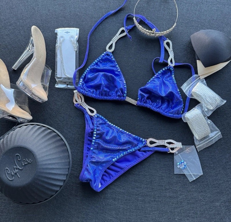 Angel Competition Bikinis Blue Rhinestone Competition Set Heels Sz 7.5 & Jewelry
