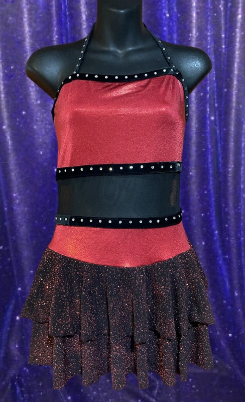 Vintage Dance Costume Shiny Red Black Mesh Rockstar Entertainer Dancer Medium