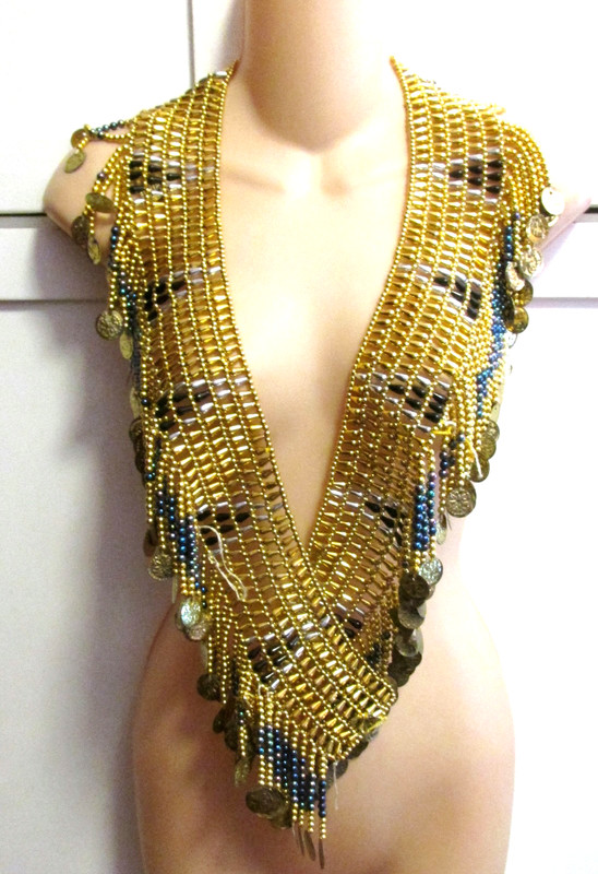 Belly Dance Gold & Black Beaded Faux Coin Shoulder Wrap – Missing Several Fringe