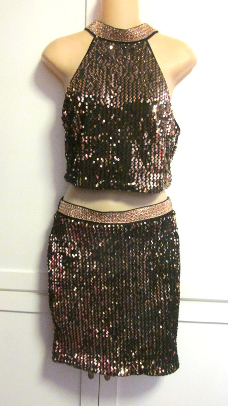 Haute Monde 2 pc Black & Bronze Sequin Dance Set – Crop Top & Short Skirt – M