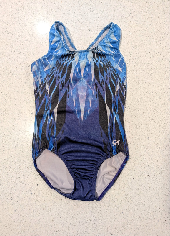 GK Elite AS Small Gymnastics Dance Leotard Blue Mystique GEOMETRIC Cool Crystals