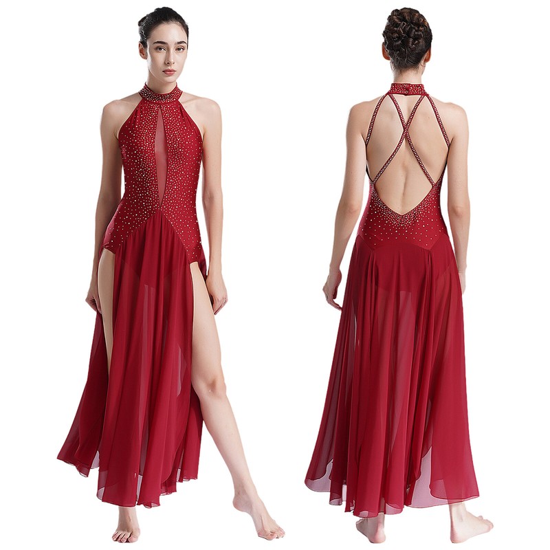 Womens Leotard Maxi Dancewear Strappy Back Dress Performance Costume Flamenco