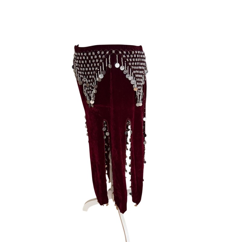 Velvet Belly Dance Hip Scarf With Coin Beads Burgundy Silver Accents Adjustable
