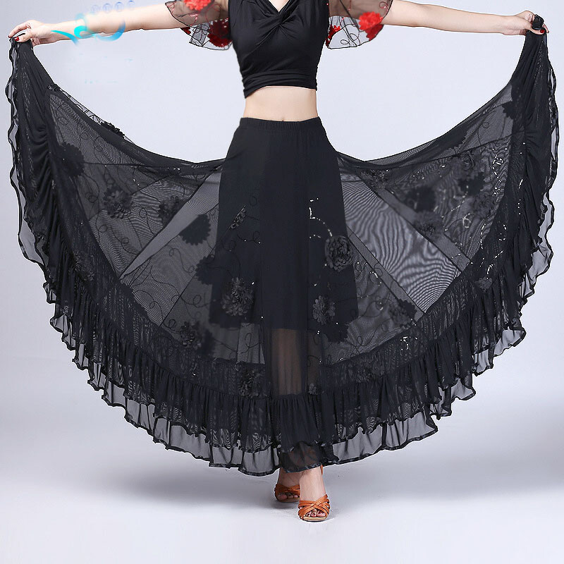 Women Tango Waltz Modern Dance Ballroom Long Sequin Skirts Dancewear Performance