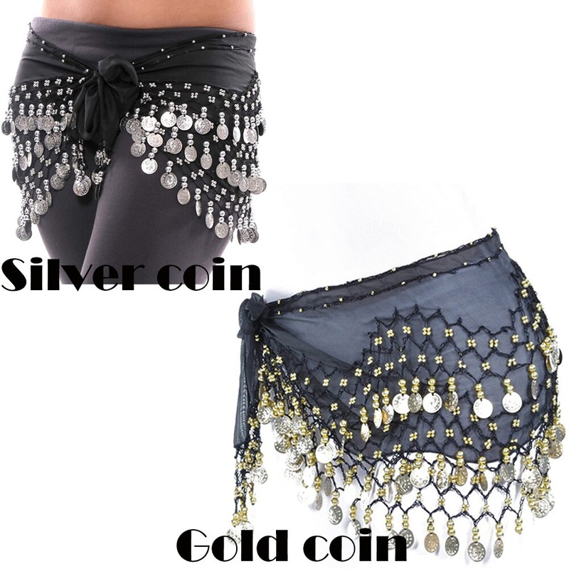 Chiffon Belly Dance Hip Scarf Wrap Belt Tribal Sash Skirt Silver Coins Costume