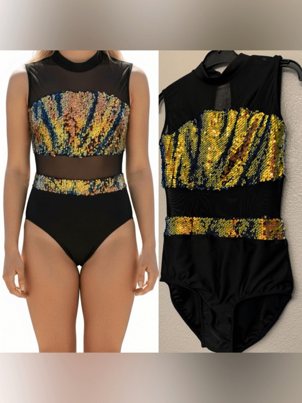 Glamour solo dance costume sequin mesh black gold SA-Small adult NEW