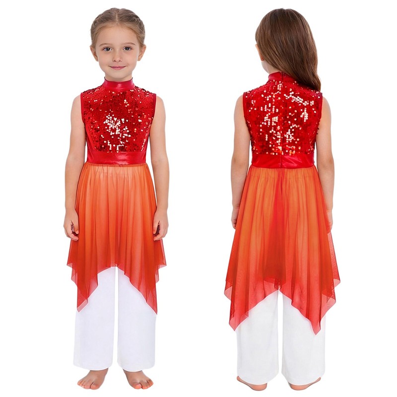 US Girls Worship Choir Dress Sleeveless Praise Dance Sparkly With Wide-Leg Pants