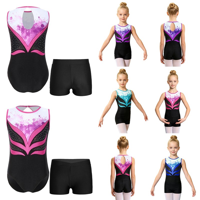 Girls Leotard And Shorts Set Bodysuit Performances Jumpsuit Fitness Dance Kids gallery