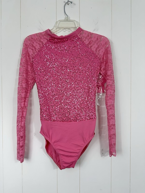 WEISSMAN Balera Sz M Adult Dance costume pink Sequin W/ Lace Long Sleeve