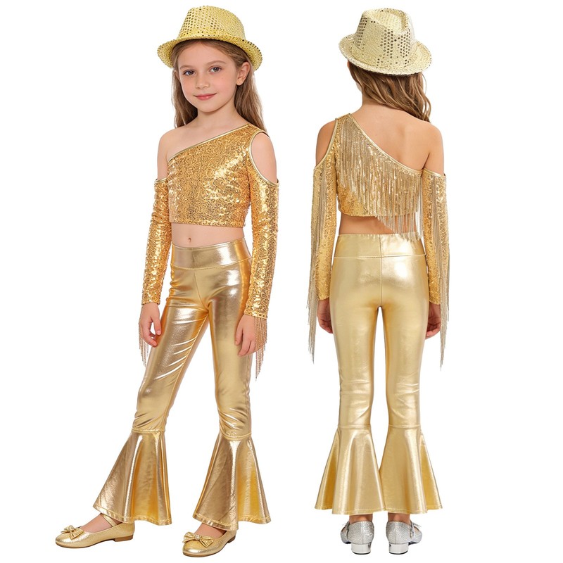 YiZYiF Girls Jazz Dance Sequined Tassels Crop Top +Flared Pants +Hat Disco Party