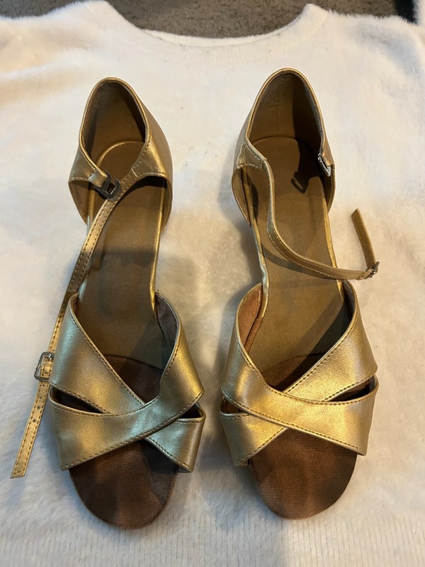 Women’s Gold Satin Dance Shoes, Open-Toe Ballroom Latin and Salsa Size 9