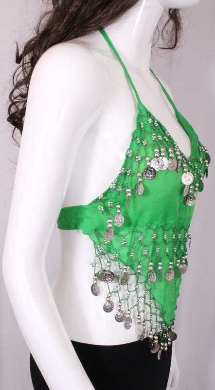 NEW SEXY BELLY DANCING BRA GREEN W/ SILVER BEADS & DANGLING COIN REPLICAS BNIB gallery