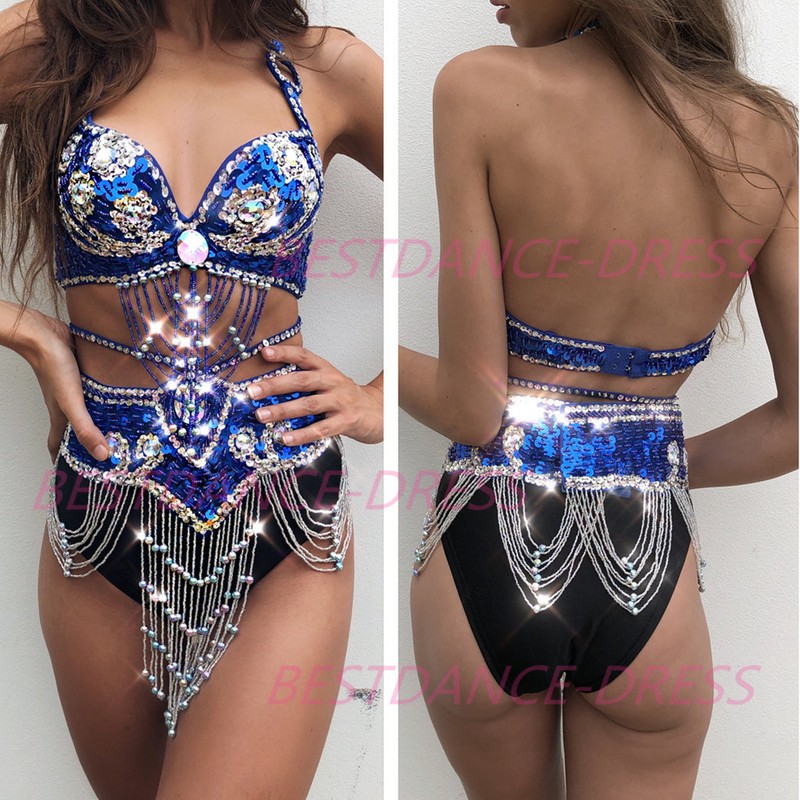 Wuchieal Sexy dress beads Outfit Set Bra Belt Carnival dress Belly Dance Costume