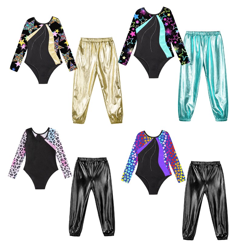 Girls Dance Outfit Athletic Dancewear Bodysuit with Pants Shiny Costume Carnival