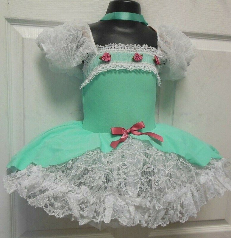 Mint Green Dance Costume rosettes Peplum Puff Sleeves Lace Top Skirt Tot Size