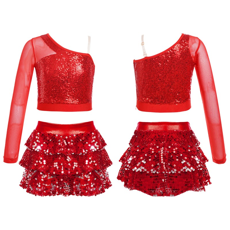US Kids Girls Cheerleading Long Sleeve Costume A Line Crop Top with Skirt Mesh