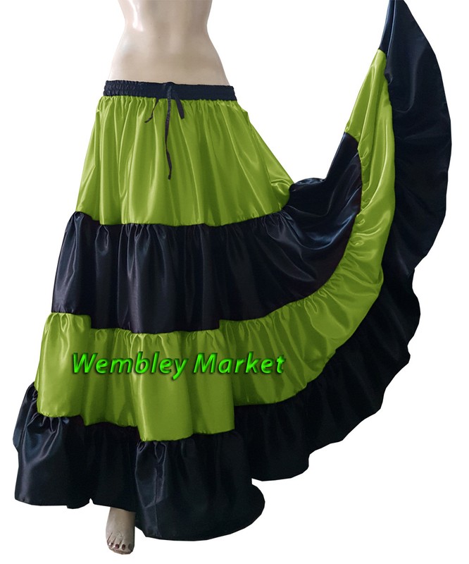 Yellow Green & Black Satin Belly Dance 6 Yard 4 Tier Gypsy Skirt Ruffle Flamenco