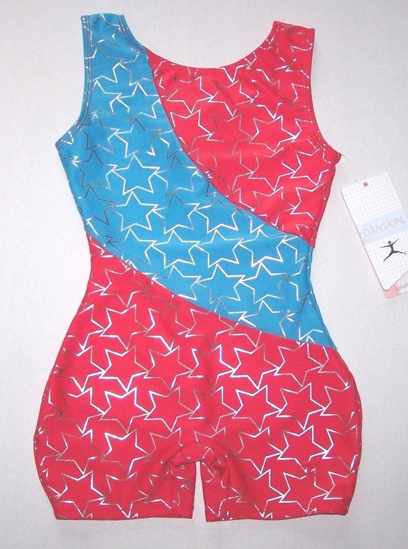 Danskin Gymnastics Biketard Unitard Patriotic Red Bodysuit Star New Girl Int M