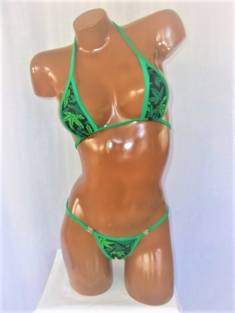 New exotic dancer thong bikini 2 piece set -A cup 420 marijuana pot leaf print