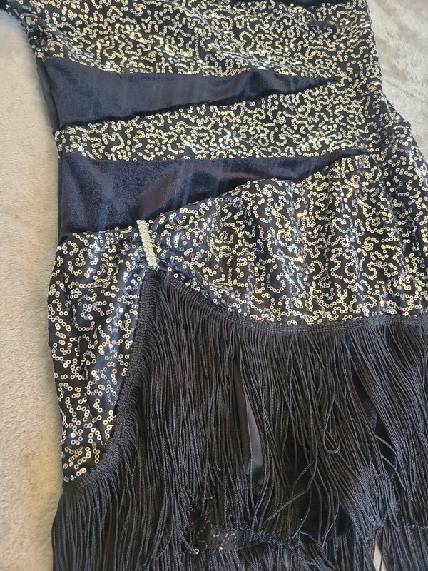 Women's Small Dance Costume One Shoulder Bling Fringe USA Made Black Silver gallery