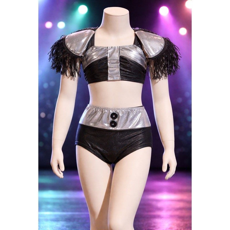 Patrick J. dance costume girl’s 2 piece gray silver black shoulder pads fringe S