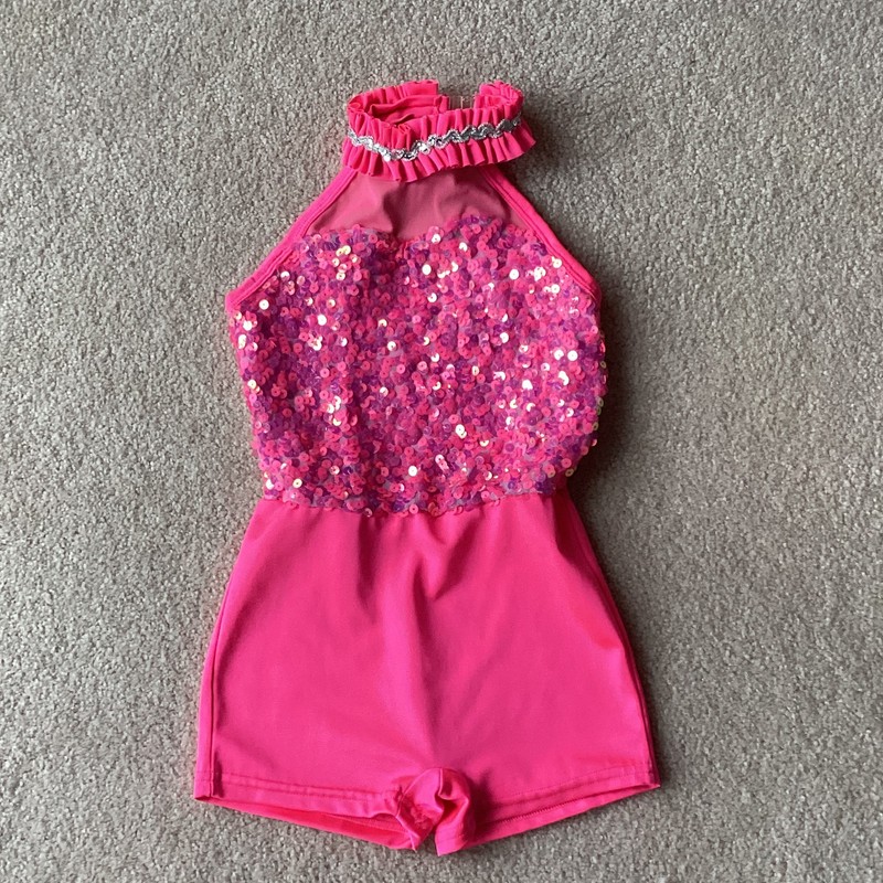 ALEXANDRA GIRLS DANCE COSTUME/ LEOTARD, YOUTH 8, BRIGHT PINK, HEAVILY SEQUINED
