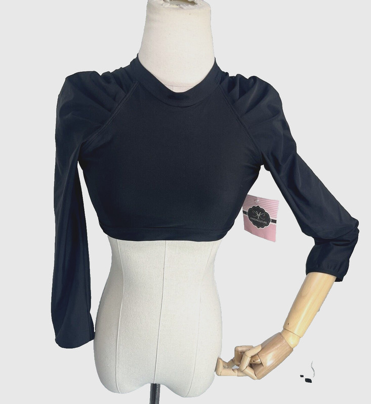 New Kandi Kouture Dance Top Teen Size TS 3/5 Black Puff Sleeve Open Back Tie
