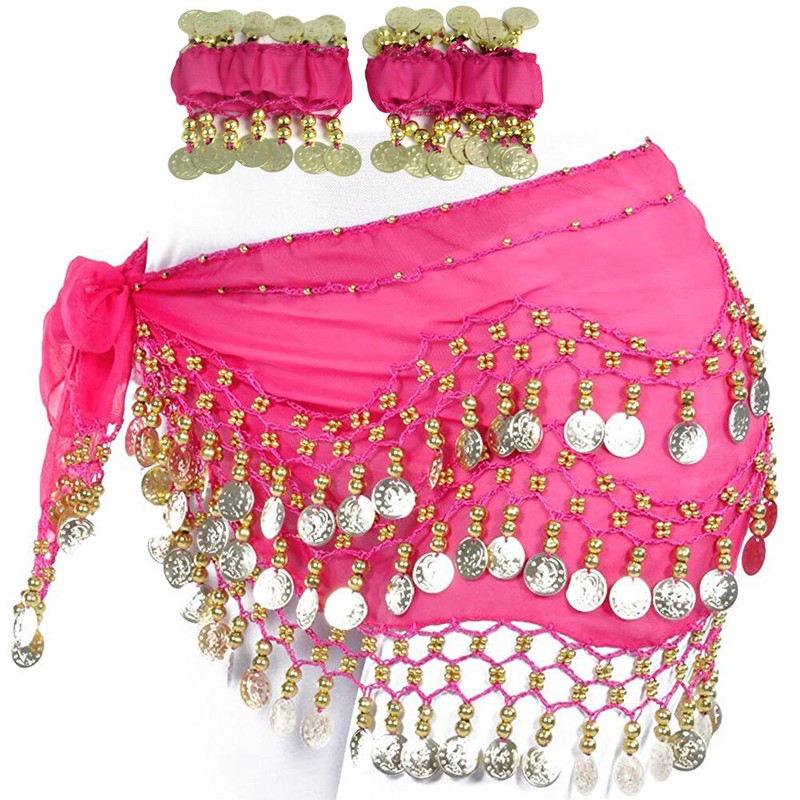 3 Rows Belly Dance Hip Skirt Scarf Wrap Belt with Bracelets Gold Coins Rose Red