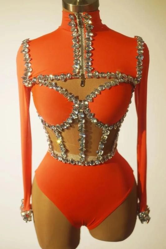 Women Sexy Sparkly Rhinestones Bodysuit Performance Costume Singer Stage Wear