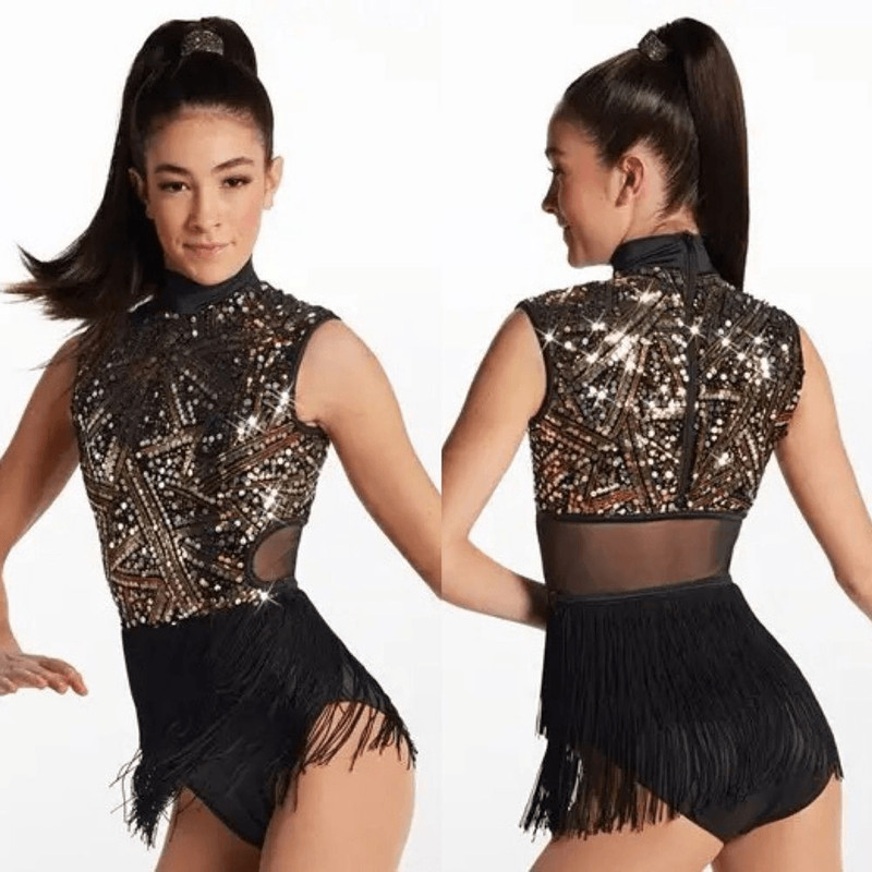 WEISSMAN Dance Costume flapper fringe Plain Fancy 13567 black gold MA adult