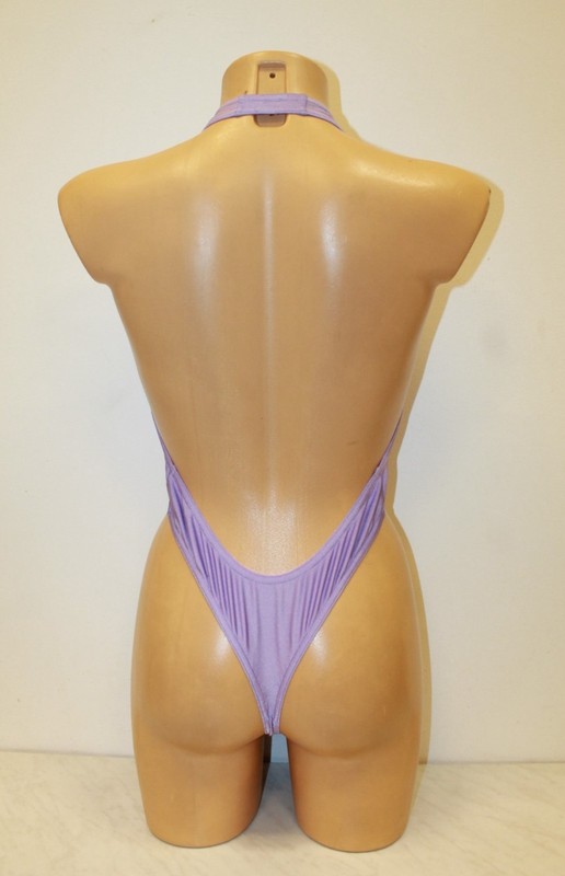 Women Thong Leotard 203-07 Deep Neckline Open Back Light Purple Spandex Size M