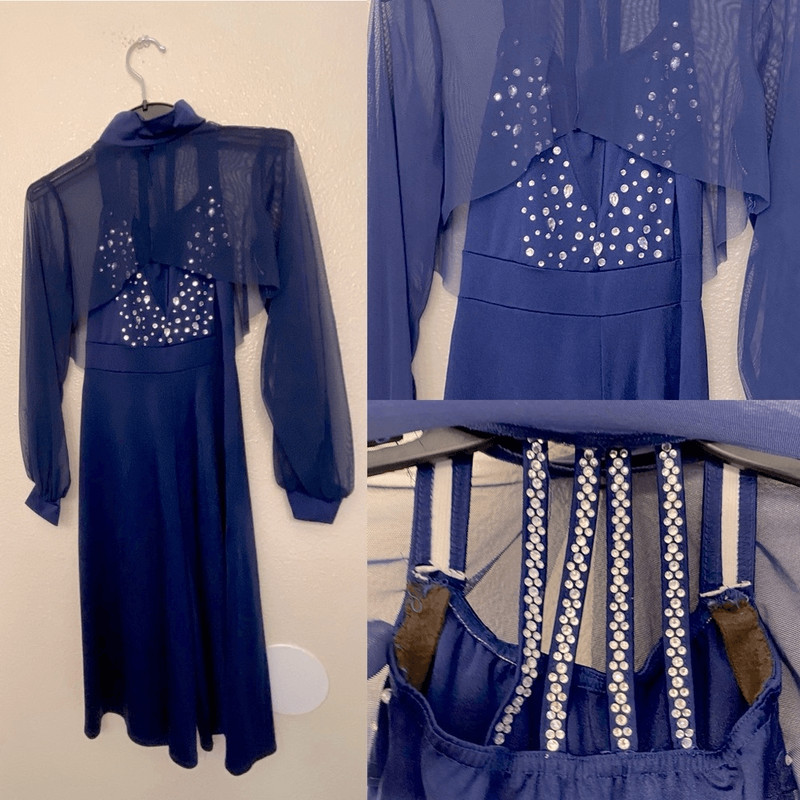 Kelle dance costume blue wide leg unitard jumpsuit custom rhinestone child MC