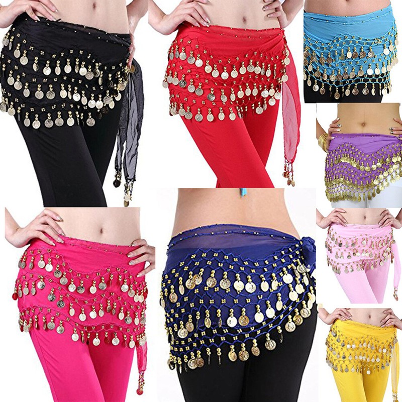 Women Belly Dance Costumes Hip Scarf Wrap Belt Skirt Gold/Silver Coins Beads US